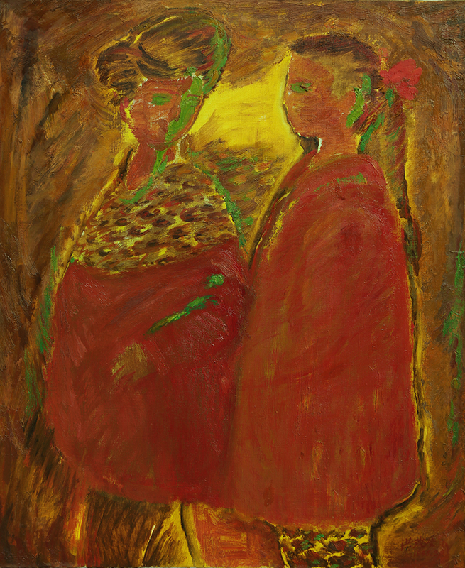 油画作品9《两个红衣女孩》规格：73cm x 61cm 创作于1995年.jpg